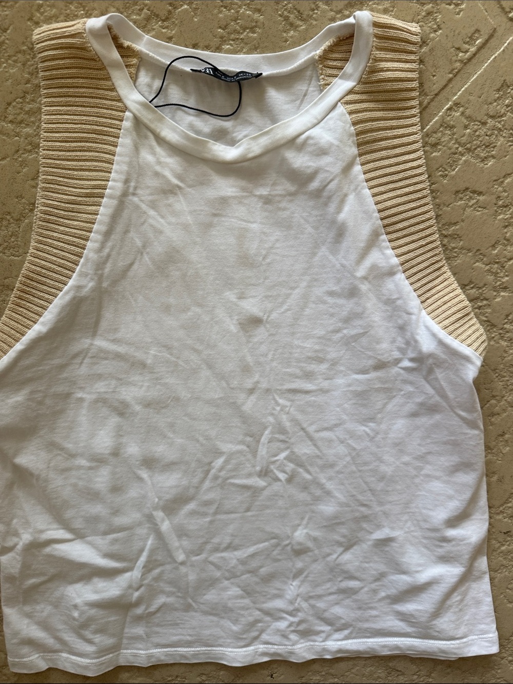 Zara White Tank with Beige Ribbed Shoulder Panels